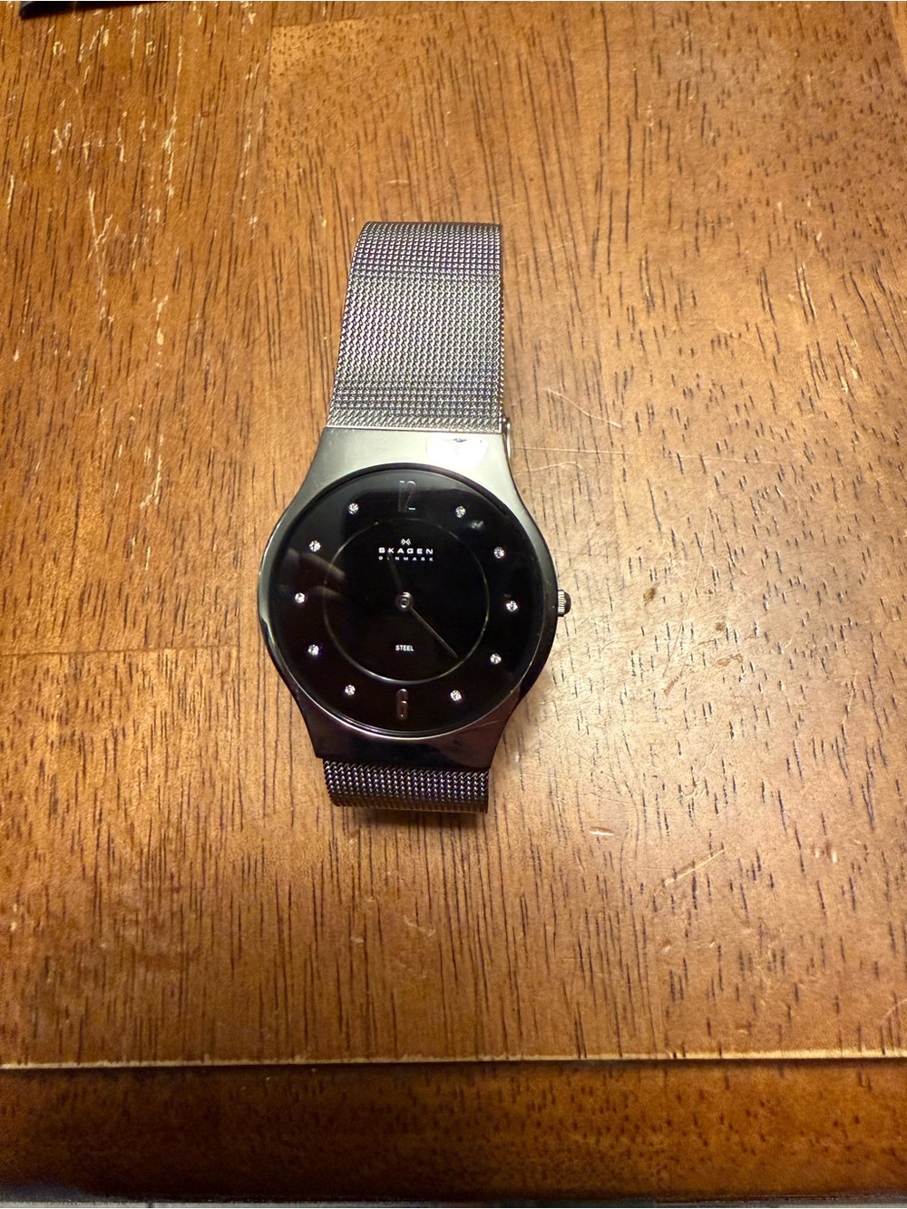 Skagen Silver Mesh Band Women’s Watch with Black Dial and Crystal Markers